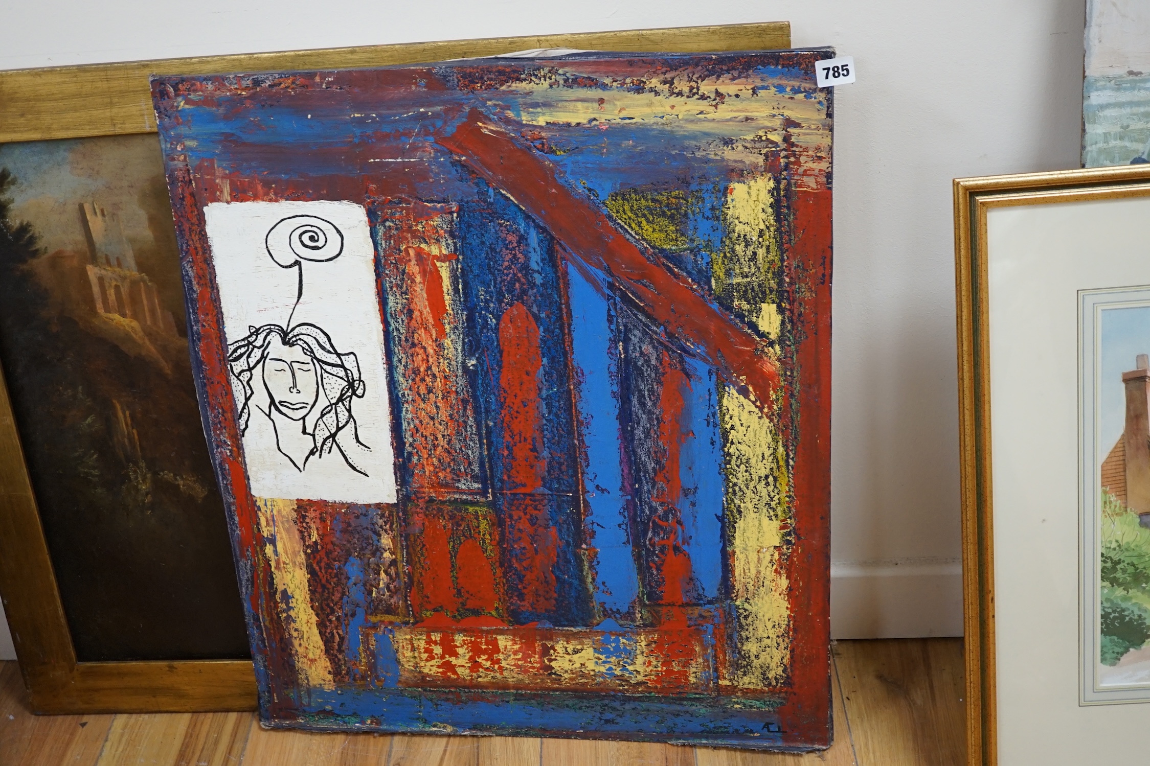 Cuadros, Chilean, oil on canvas laid on board, Abstract composition, monogramed, 71 x 60cm, unframed. Condition - fair